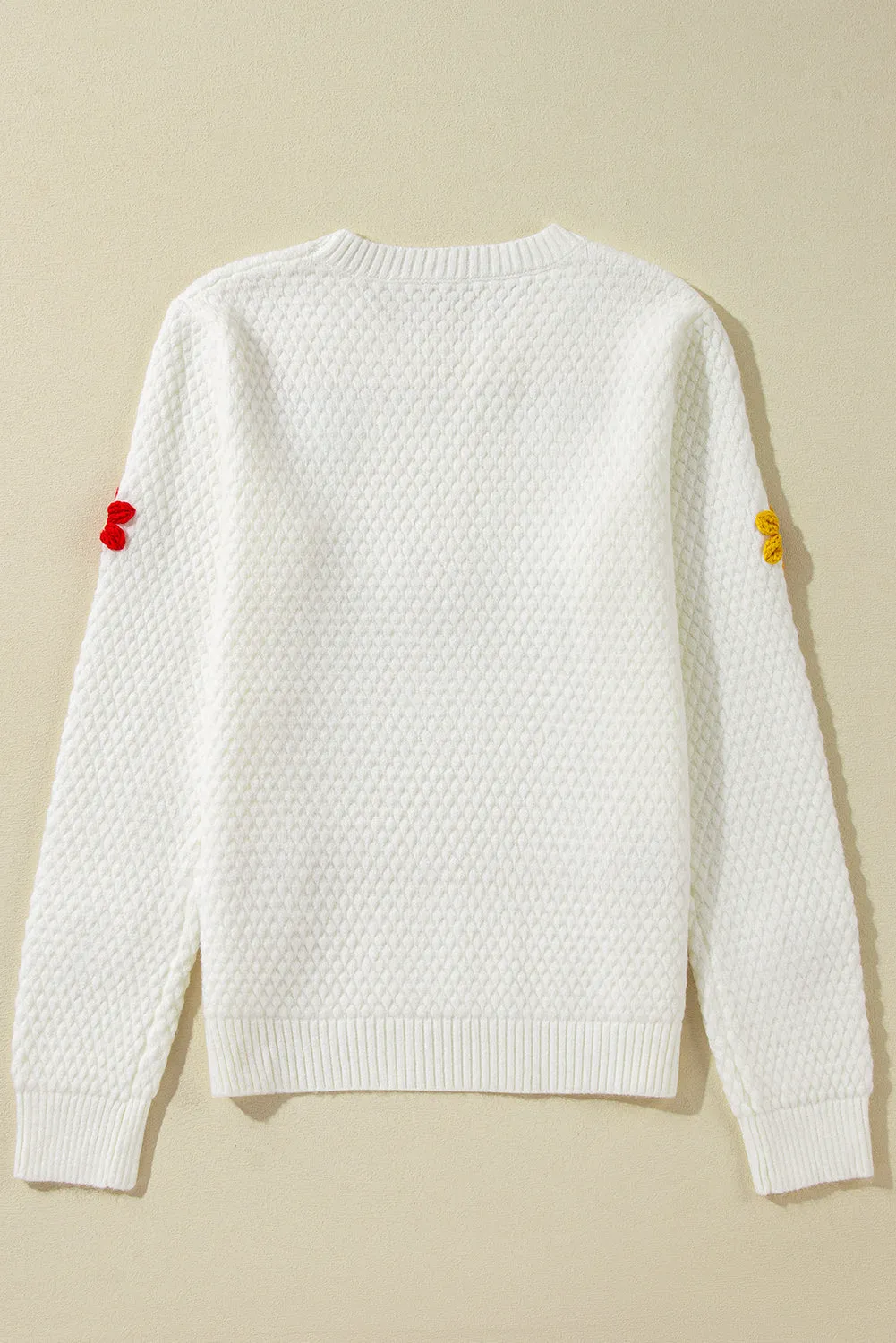TEEK - White Crochet Flower Round Neck Long Sleeve Sweater