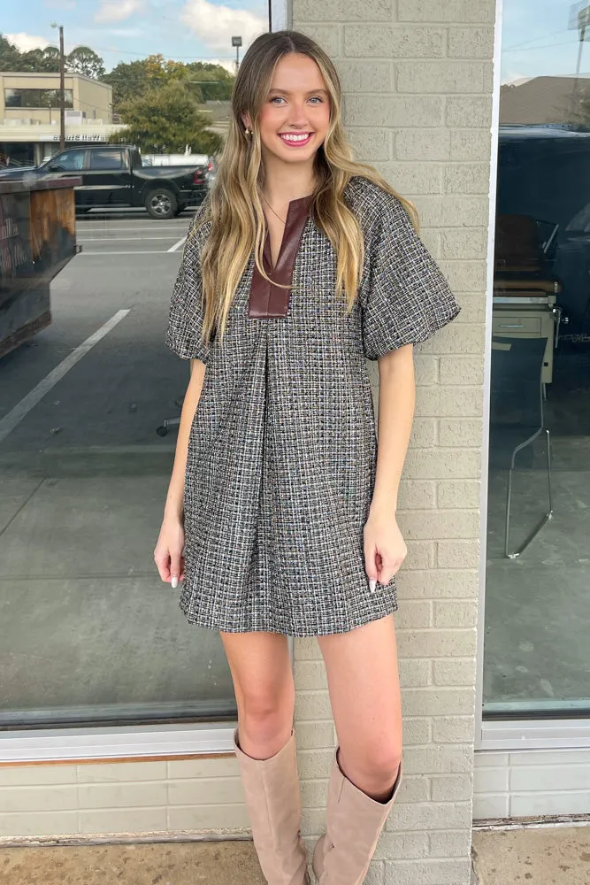 THML-Tweed Puff Sleeve Dress-Black