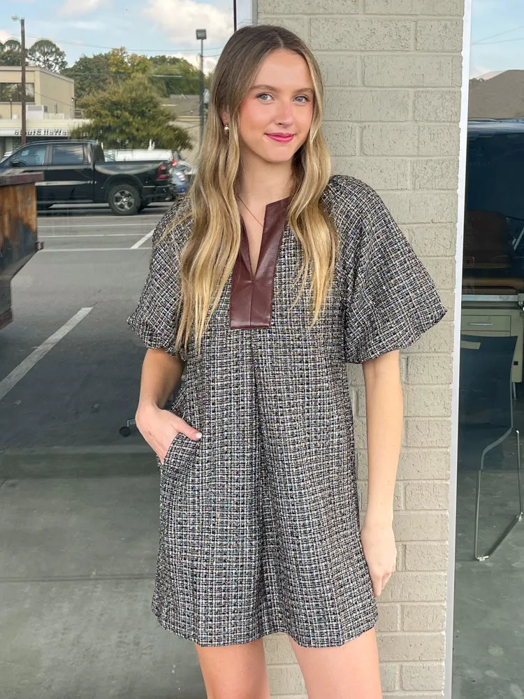 THML-Tweed Puff Sleeve Dress-Black