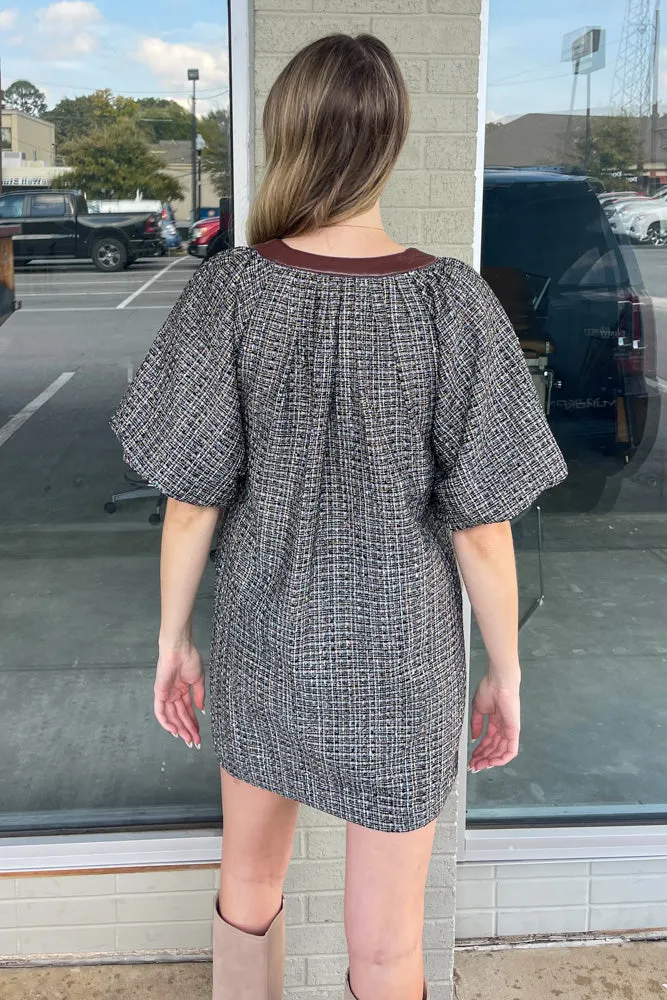 THML-Tweed Puff Sleeve Dress-Black