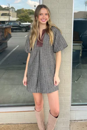 THML-Tweed Puff Sleeve Dress-Black
