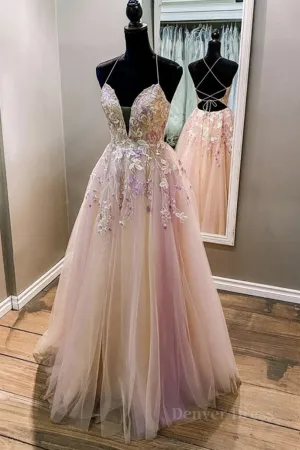 V Neck Backless Pink Lace Floral Long Prom Dress Pink Lace Formal Dress Pink Evening Dress