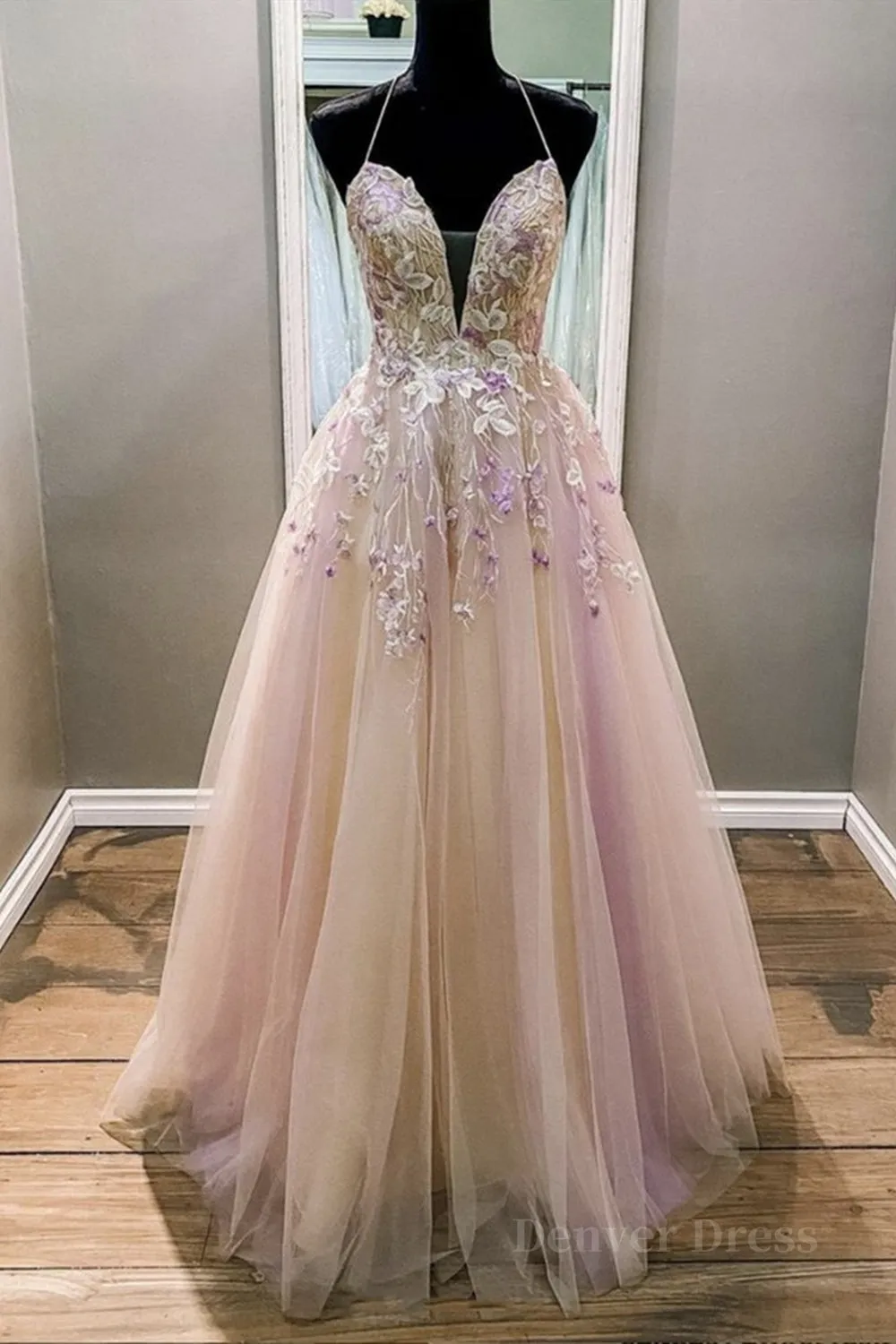 V Neck Backless Pink Lace Floral Long Prom Dress Pink Lace Formal Dress Pink Evening Dress