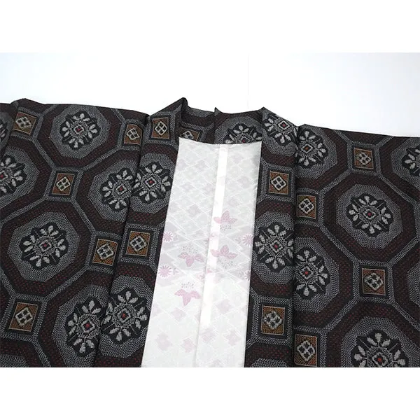 Vintage Haori Kimono Jacket Silk, Navy Blue base Tortoiseshell Link Pattern