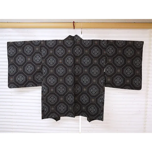 Vintage Haori Kimono Jacket Silk, Navy Blue base Tortoiseshell Link Pattern