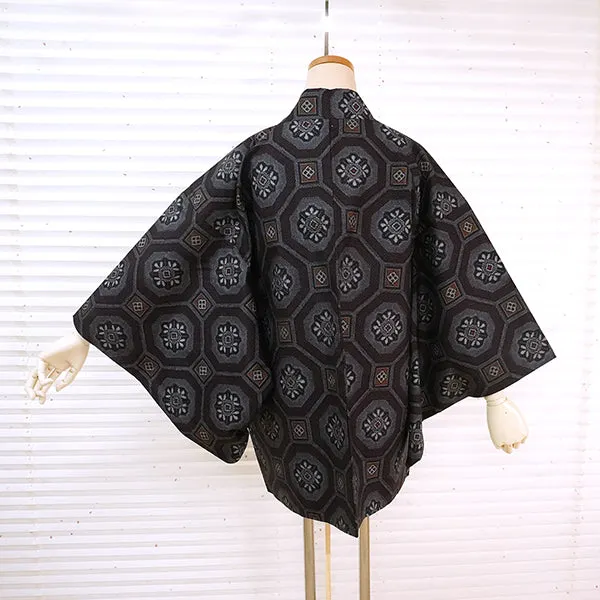Vintage Haori Kimono Jacket Silk, Navy Blue base Tortoiseshell Link Pattern