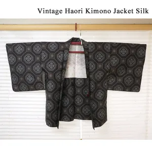 Vintage Haori Kimono Jacket Silk, Navy Blue base Tortoiseshell Link Pattern