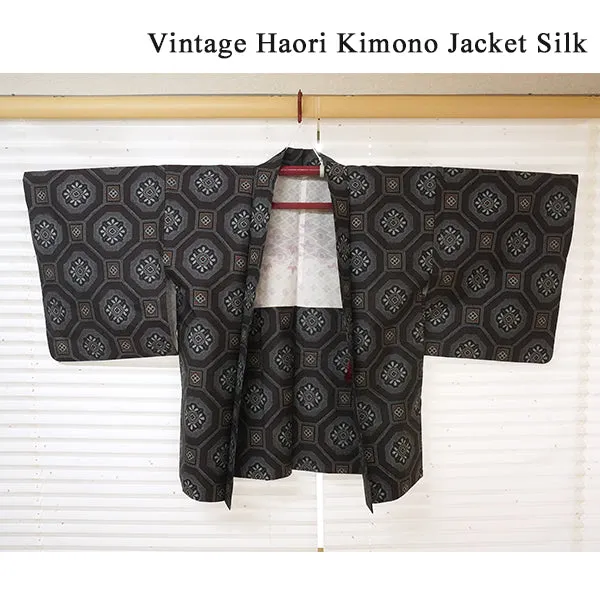 Vintage Haori Kimono Jacket Silk, Navy Blue base Tortoiseshell Link Pattern