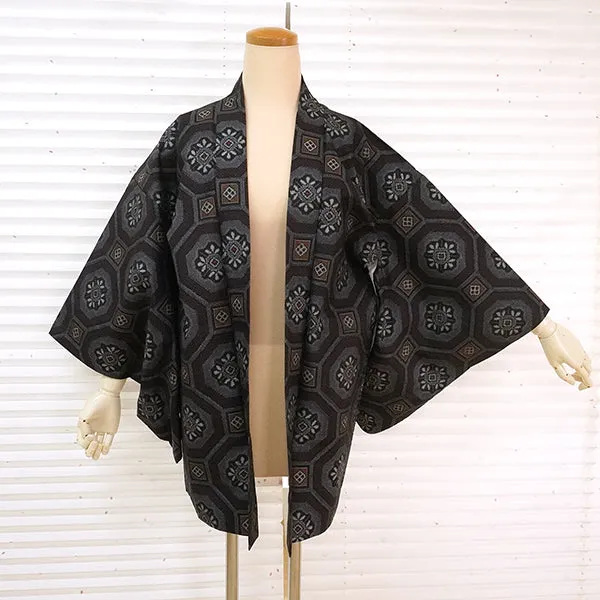 Vintage Haori Kimono Jacket Silk, Navy Blue base Tortoiseshell Link Pattern