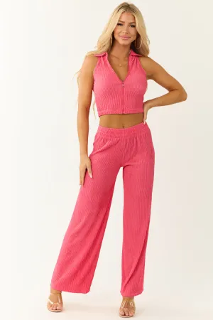 Watermelon Plisse Collared Top and Pants Set