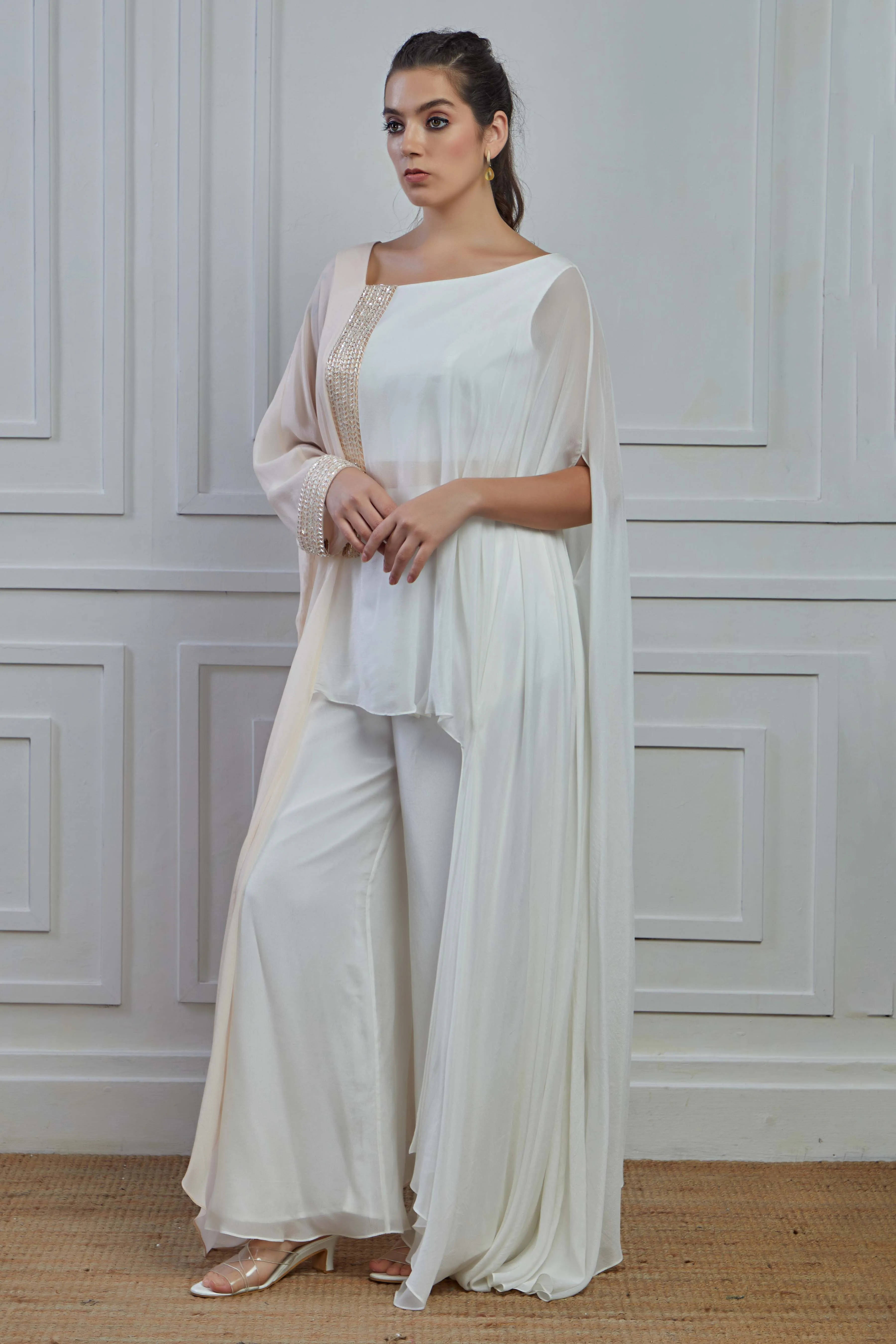 White Ombre-Dyed Crepe Silk Kaftan Palazzo Set