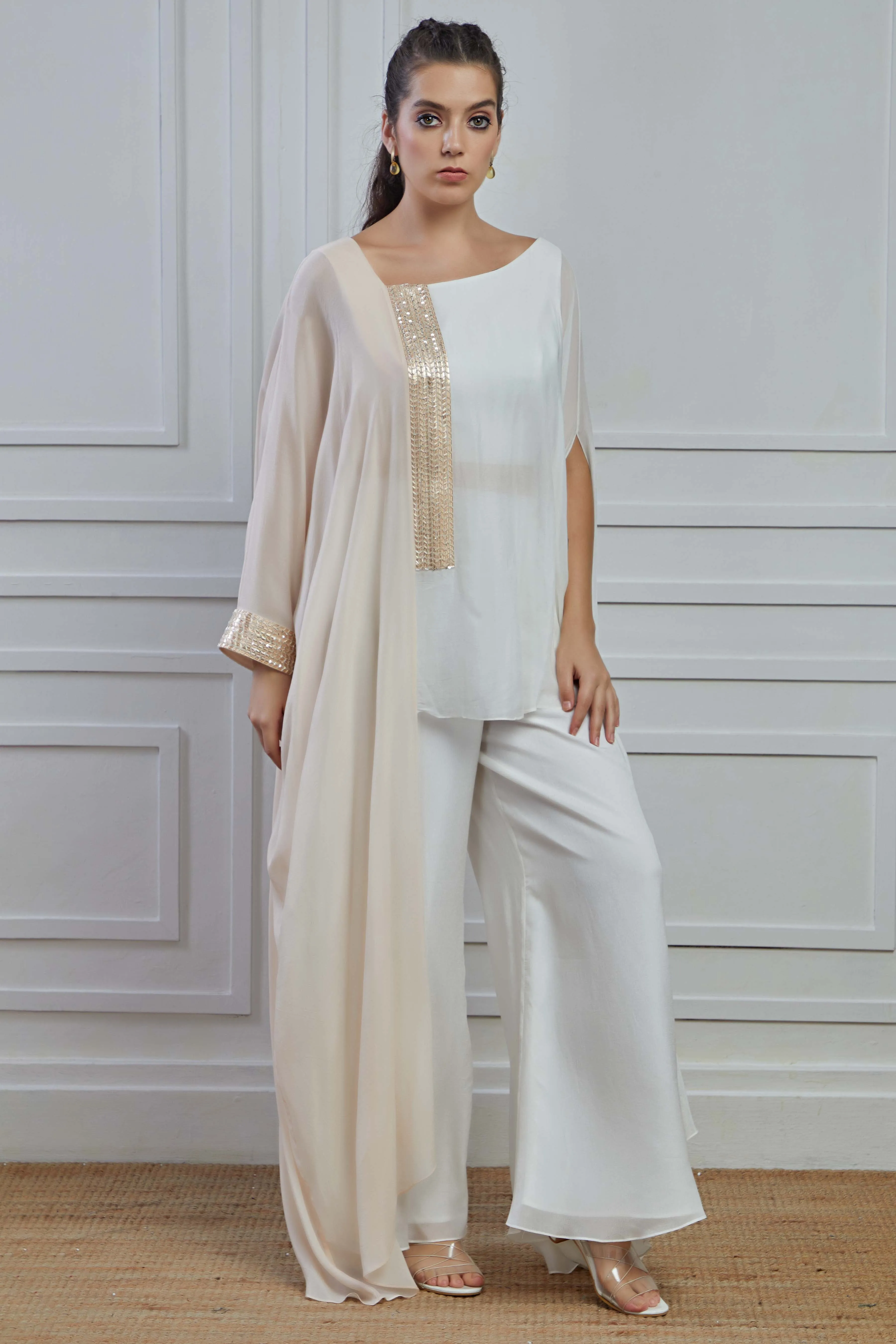 White Ombre-Dyed Crepe Silk Kaftan Palazzo Set