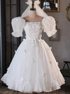 White Tulle Short A-Line Prom Dress Cute Puff Sleeve Party Dress
