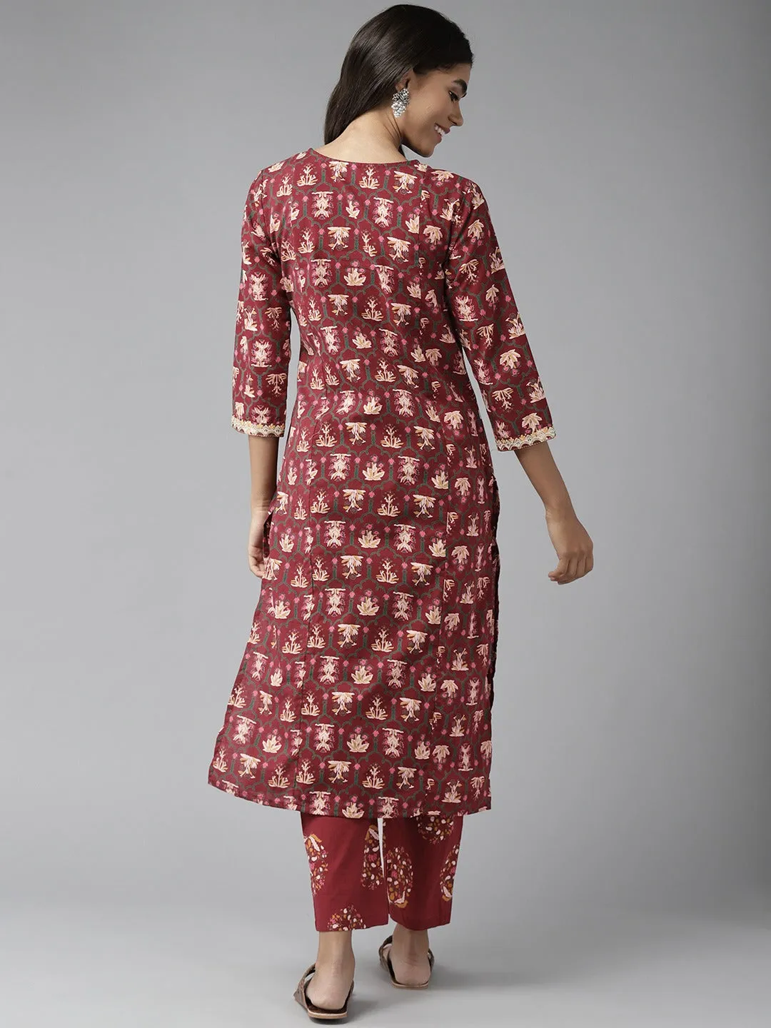 Women Maroon Embroidered Cotton Kurta With Palazzo