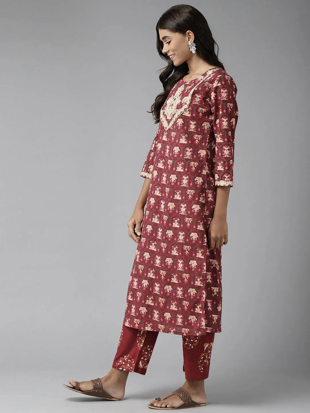 Women Maroon Embroidered Cotton Kurta With Palazzo