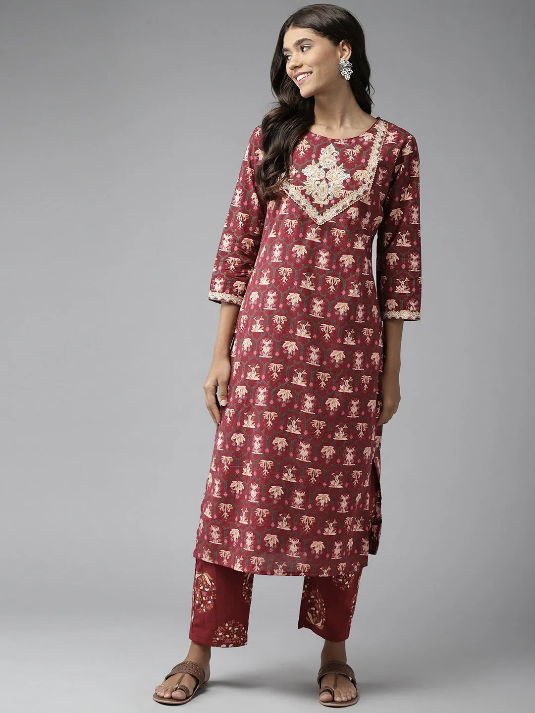 Women Maroon Embroidered Cotton Kurta With Palazzo