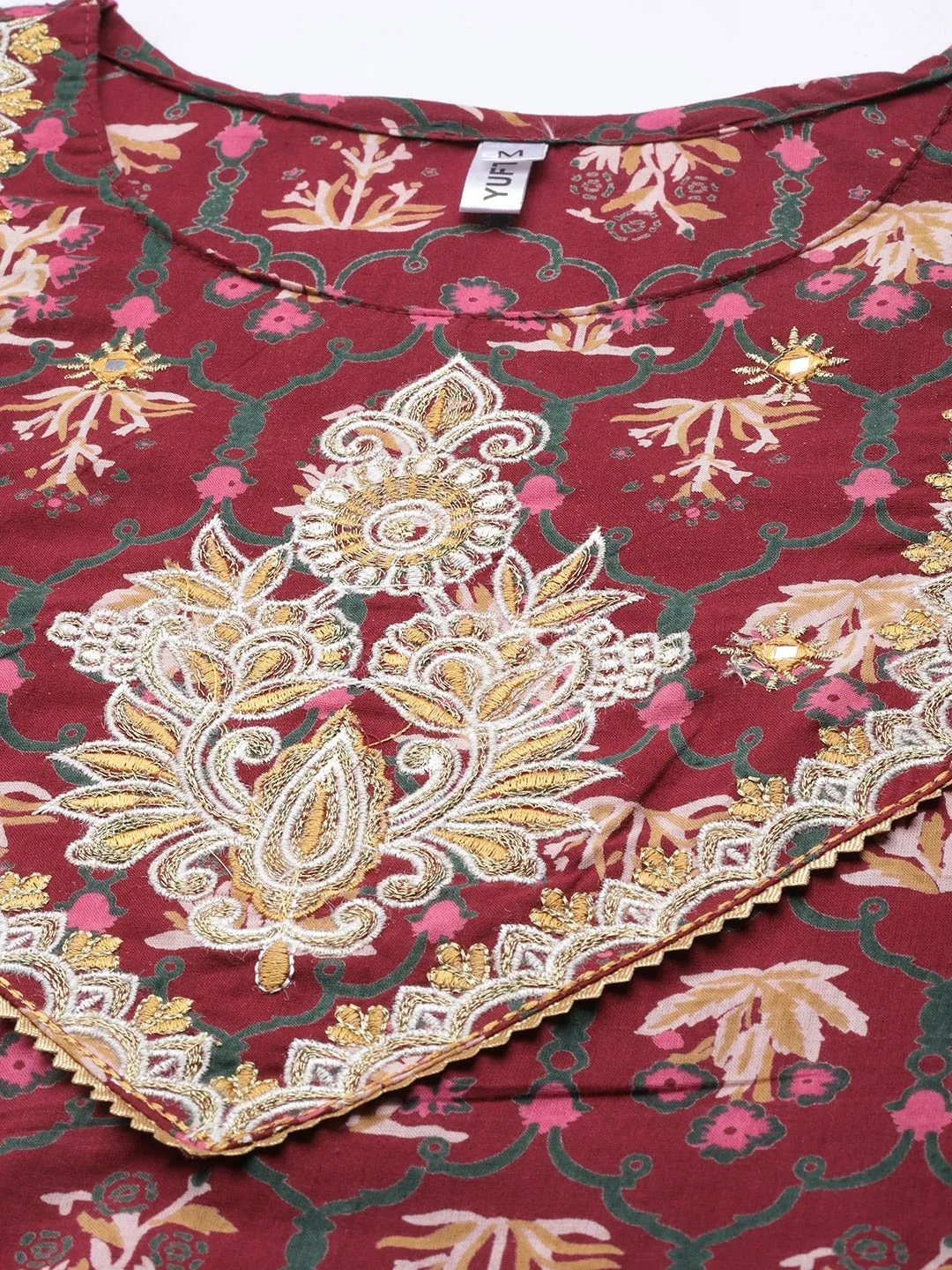 Women Maroon Embroidered Cotton Kurta With Palazzo