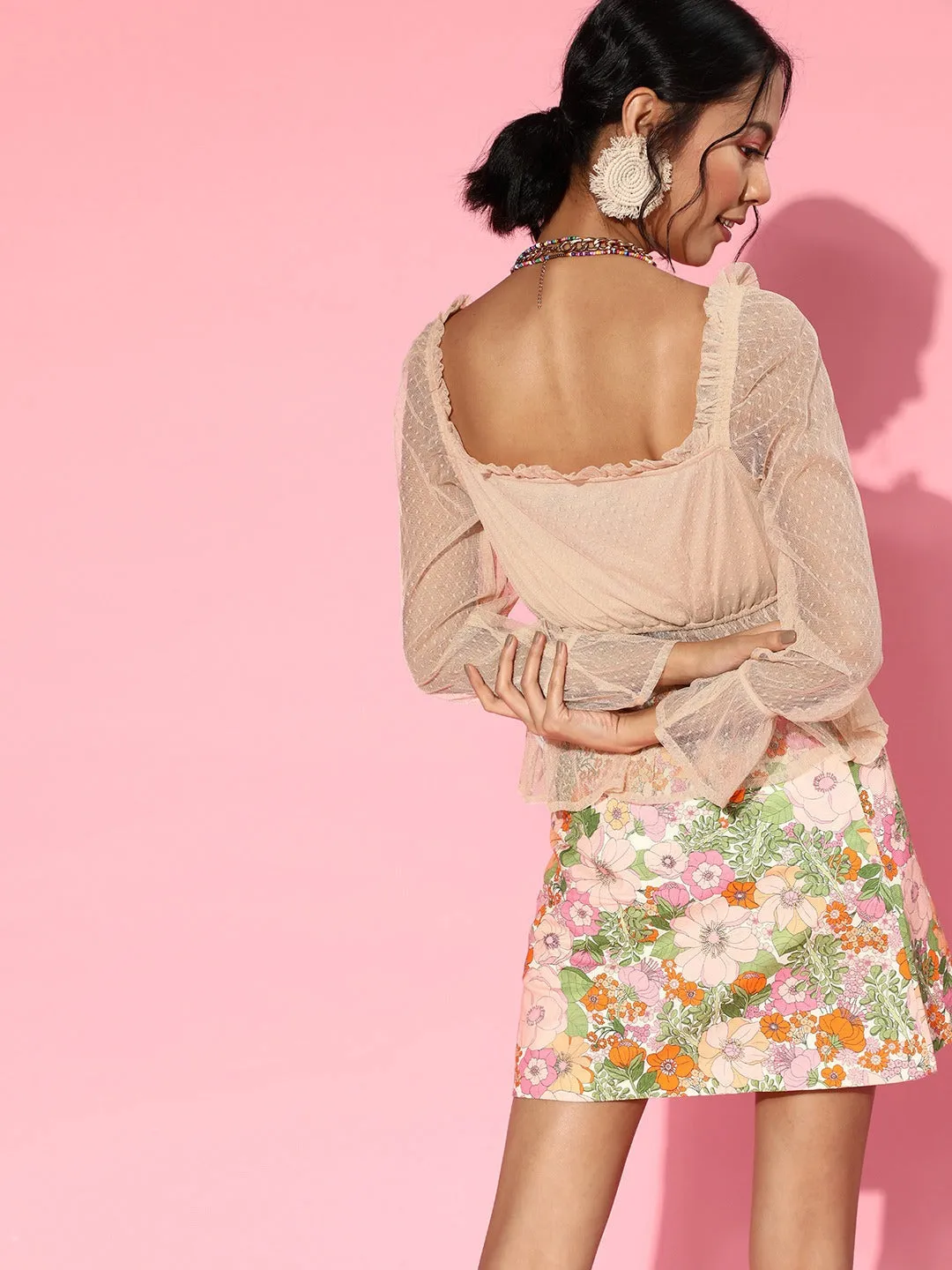 Women Nude Swiss Dot Mesh Peplum Top