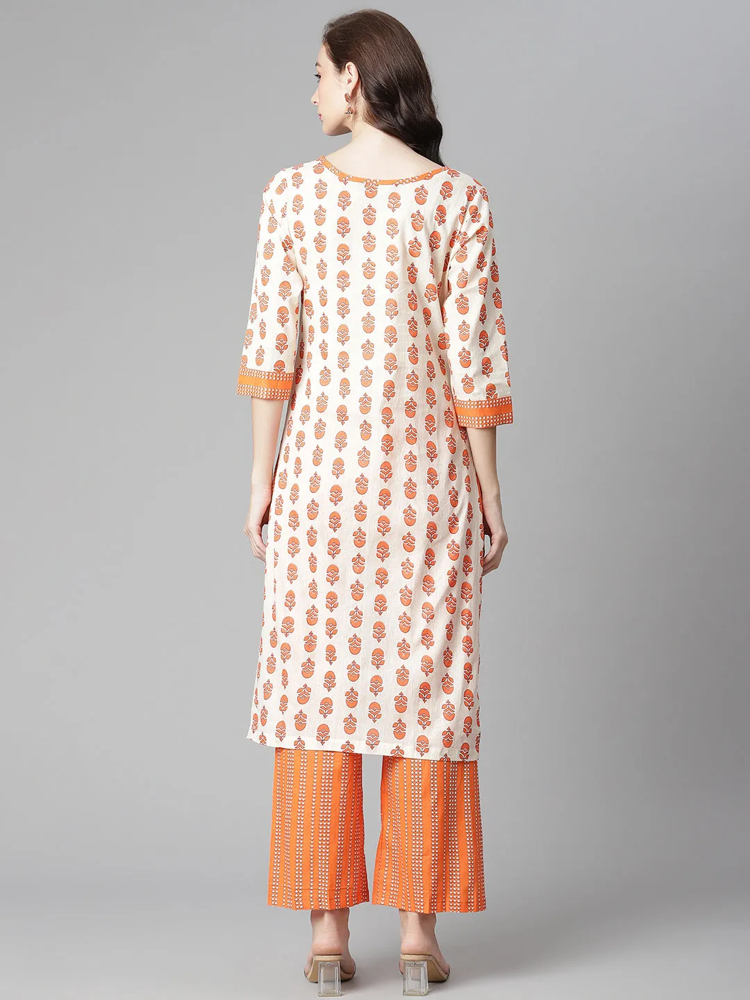 Women Off-White-Orange Cotton Print Straight Kurta With Palazzo
