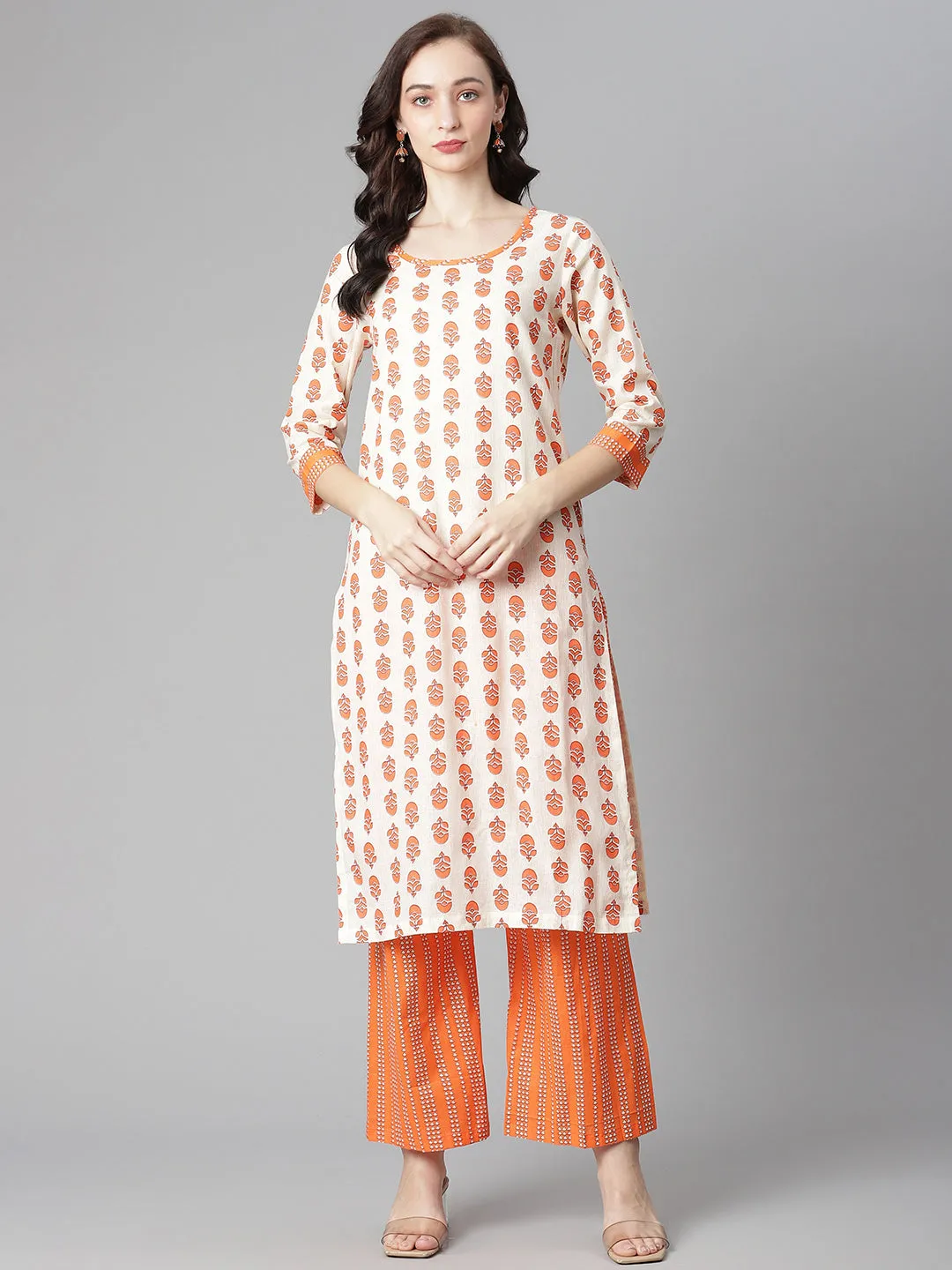 Women Off-White-Orange Cotton Print Straight Kurta With Palazzo