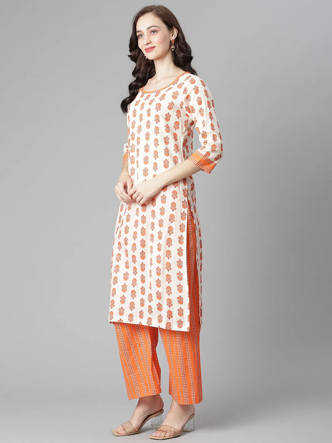 Women Off-White-Orange Cotton Print Straight Kurta With Palazzo