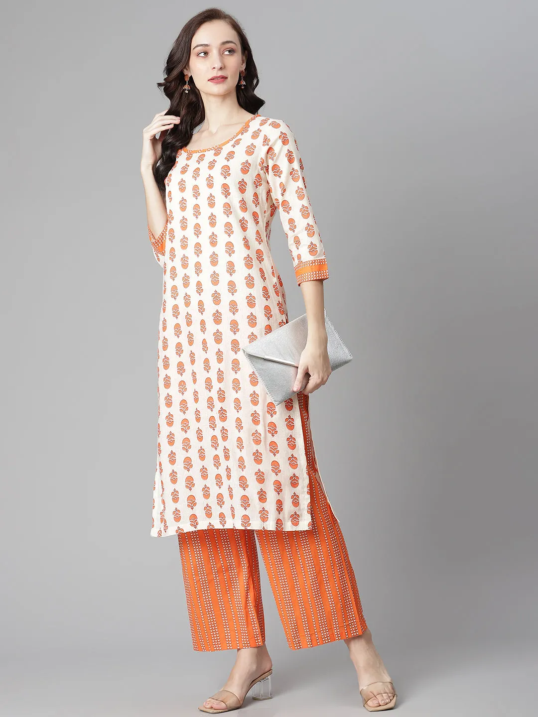 Women Off-White-Orange Cotton Print Straight Kurta With Palazzo