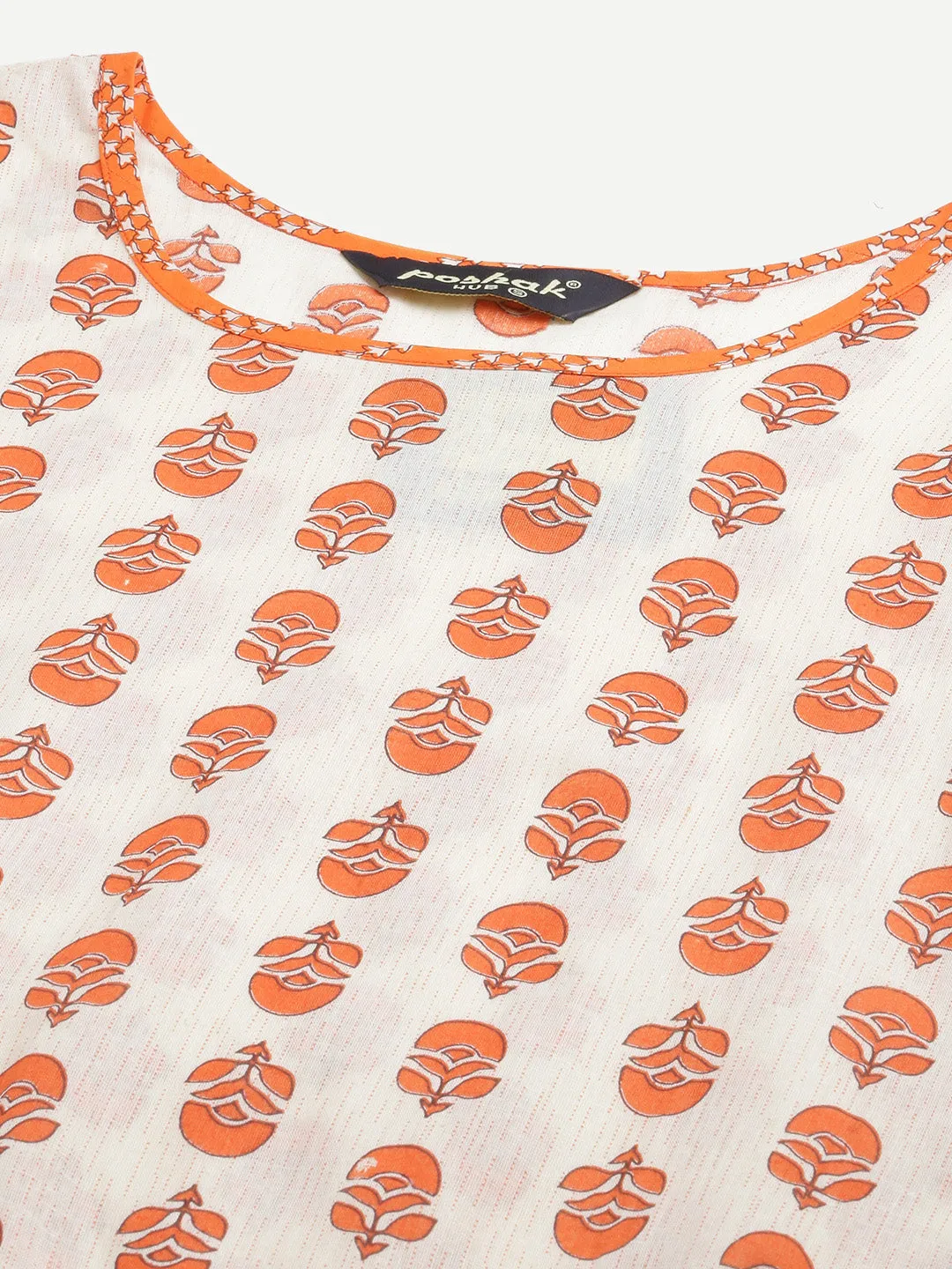 Women Off-White-Orange Cotton Print Straight Kurta With Palazzo
