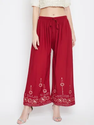 Women'S Maroon Wide Leg Hem Design Palazzo