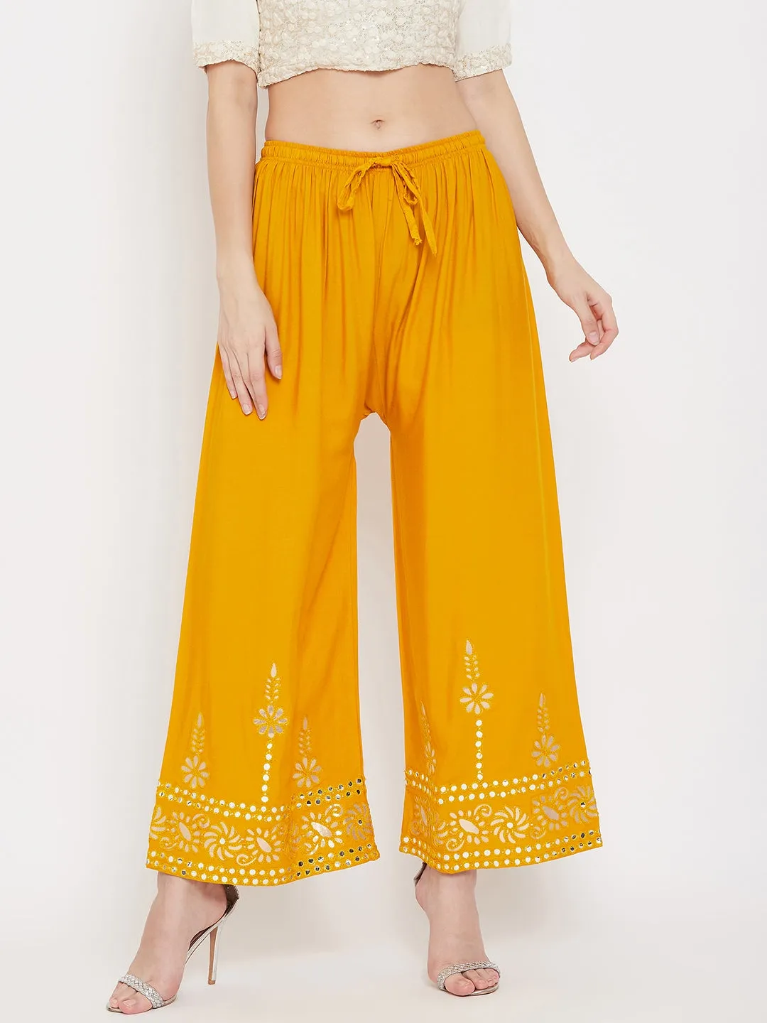 Women'S Mustard Wide Leg Hem Design Palazzo