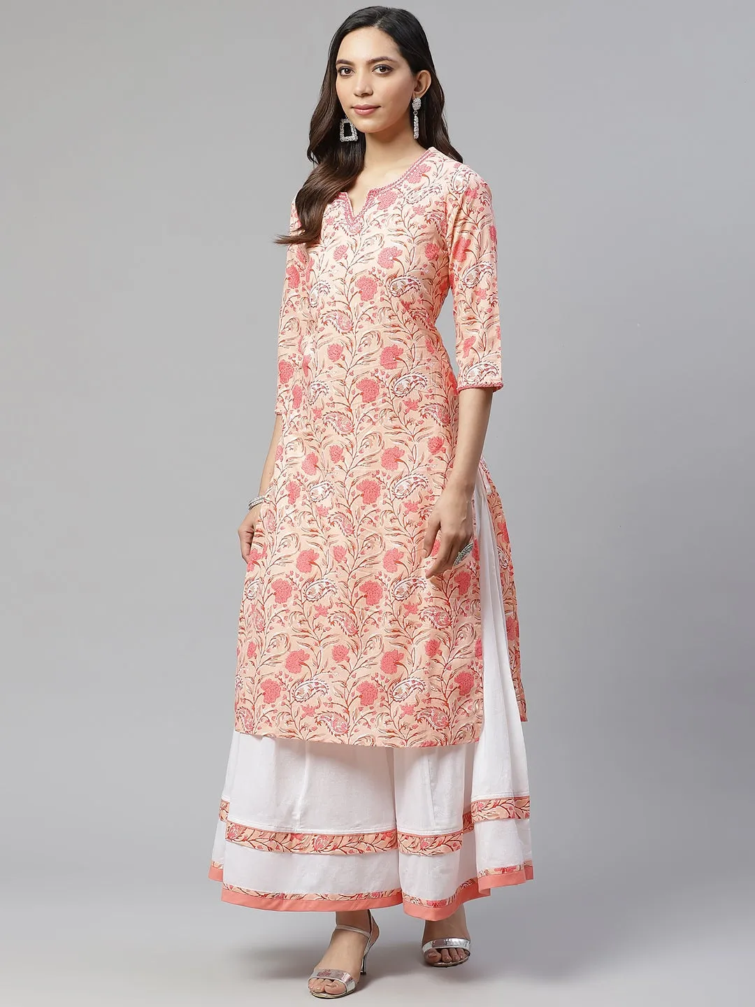 Women'S Peach Cotton Kurta With Palazzo Set Plus Size