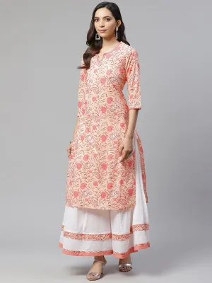 Women'S Peach Cotton Kurta With Palazzo Set Plus Size