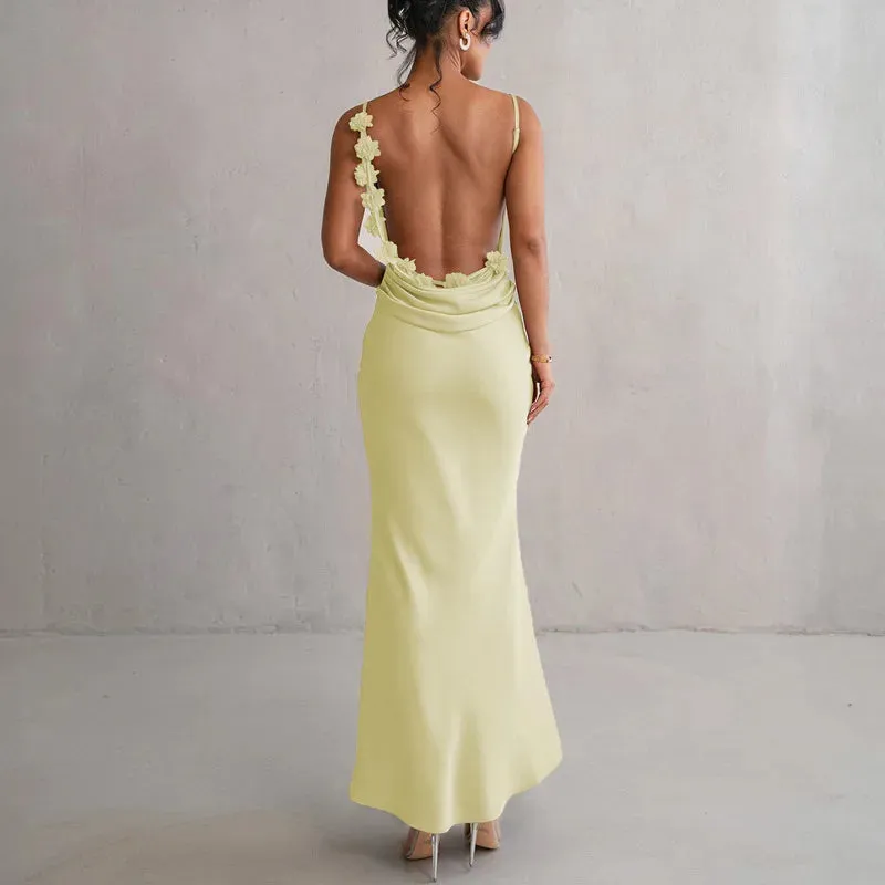 Women's Strap Sleeveless Backless Flower Draped Maxi Dress