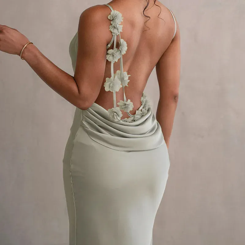 Women's Strap Sleeveless Backless Flower Draped Maxi Dress